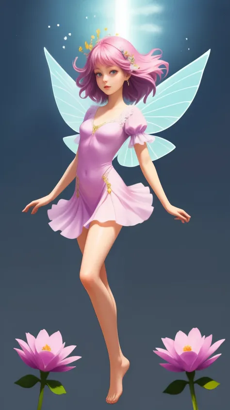 floating fairy above flowers, full body shot, detailed foot, detailed head