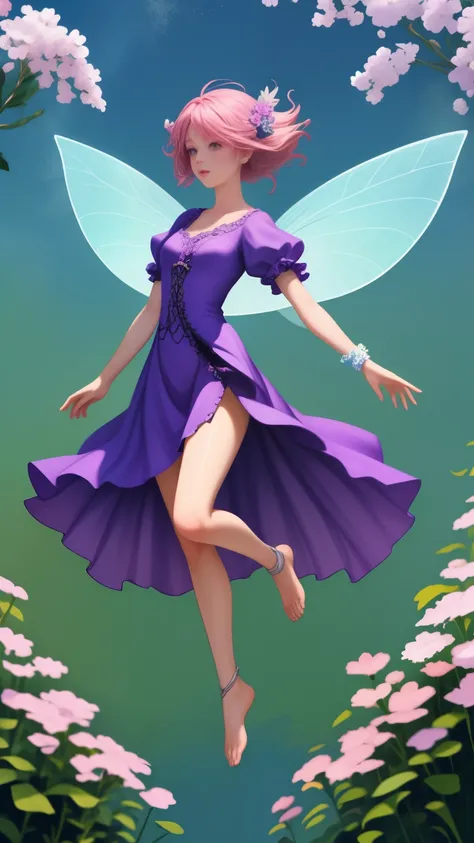 floating fairy above flowers, full body shot, detailed foot, detailed head