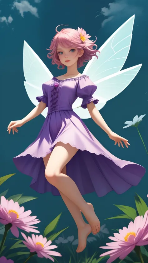 floating fairy above flowers, full body shot, detailed foot, detailed head