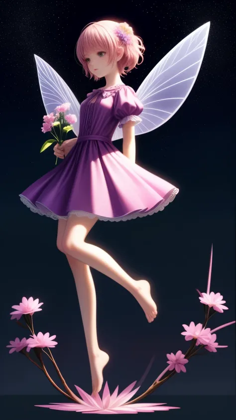floating fairy above flowers, full body shot, detailed foot, detailed head