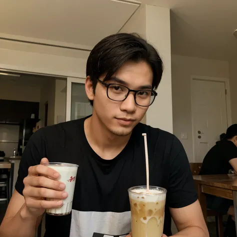 The guy is about 21 years old, has an elongated face, wears glasses, wears a t-shirt inside and a shirt outside, and is of Vietnamese origin. He asked his friend to take the photo for him while drinking milk tea.