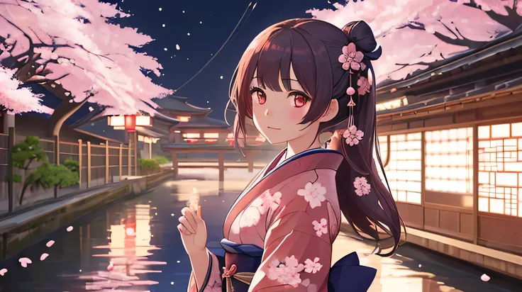 A girl wearing a kimono, with a background of night cherry blossoms and the moon, with a flurry of cherry blossom petals