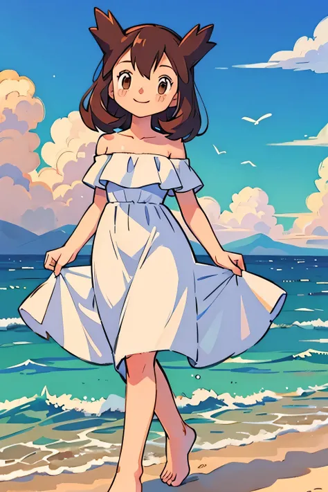 1 girl, solo, Pokemon Heroes (Bianca), Brown Hair, brown eyes, bare shoulders, strapless, off shoulders, white ruffle off the shoulder maxi dress, smile, walking in bare feet, ocean, blue skies, clouds, cowboy shot, facing viewer,, absurdres, ultra detaile...