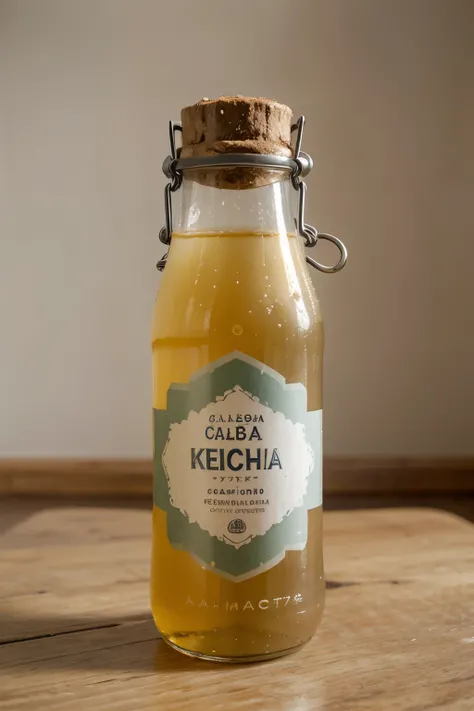 ((mejor calidad)), ((Obra maestra)), (detallado), botella de kombucha, colores calidos, Marca representativa en la botella KIO