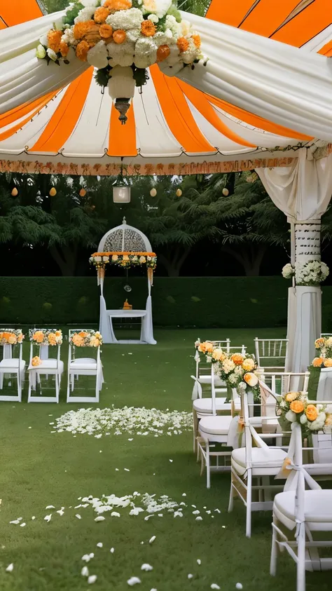 a close up of a lawn with a bunch of chairs and a gaze, flower decorations, orange and white color scheme, luxurious wedding, lavishly decorated, glamorous setting, green and orange theme, wedding, decorated with flowers, delightful surroundings, decoratio...