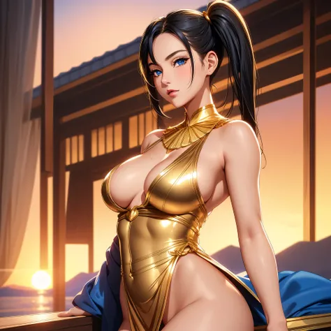 Best quality, 30 year old woman, large breasts, black hair, pigtails, blue eyes, skimpy, sunset, upper body, sexy, golden glow, skimpy golden robes, opulent, luxurious,