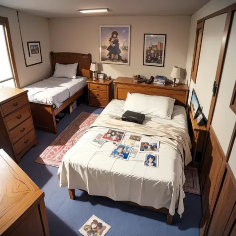 front view of bed with large disassembled wooden box with several postage stamps, room with lots of movie and anime details with...