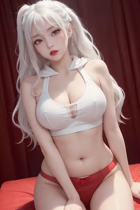 (masterpiece, realistic, high resolution), ((1 girl): 1.2), Korean, ((white wavy hair): 1.3), (heterochromia: 1.1, thick eyebrows,), (white hoodie without front close), ((medium breasts): 1.2, small waist, thigh), catwalk walk, masterpiece: 1.2, best quali...