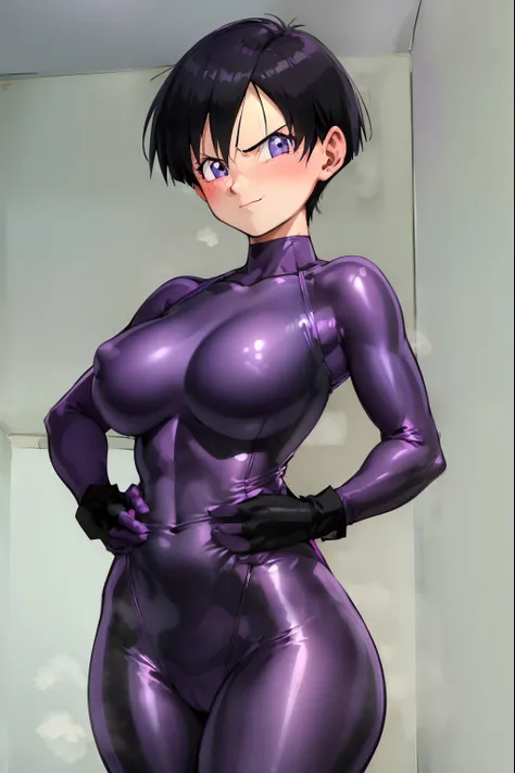 ((Purple tight suit:1.4)),blush,Black Hair,Serious face,blue eyes,fog,Place hands on hips,smile,Large Breasts,Videl