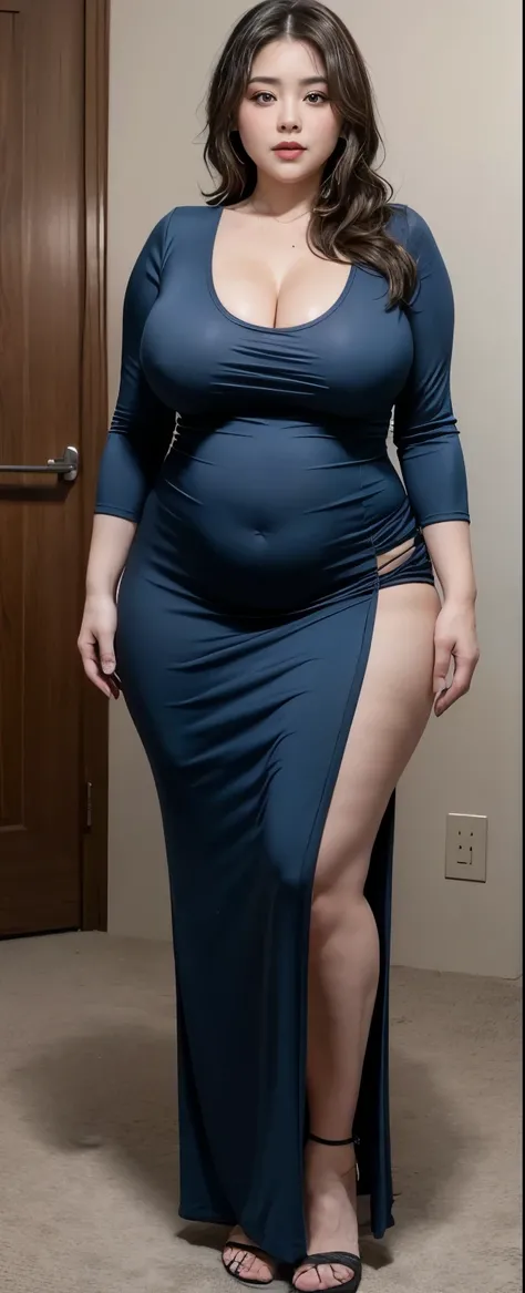 Chubby woman with fat belly and tight thighs, full body, 50-year-old mature woman, thick hips, thick neck, thick chest, big eyes, wearing a longest dress 