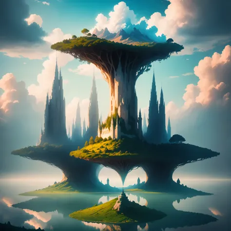 Floating islands in the sky, dreamlike scenery, clouds, light piercing through the clouds, reflections on the water, serene lake surface, tranquil atmosphere, detailed richness, surreal beauty, magical aura, fantasy landscape, high quality digital art, vib...