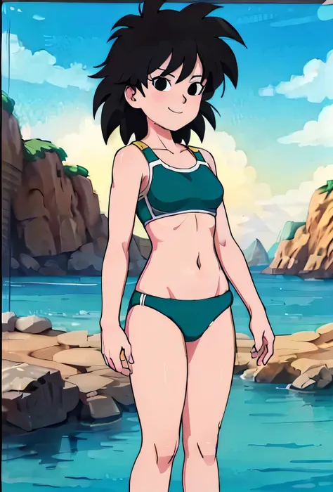 anime screencap, masterpiece, best quality, highres, outdoors, small breasts, gine, spiky black hair, 1 girl, Solo, Black Eyes, Good hands are down, Smile, Blushing, Bare Neck, Bare Shoulders, black bikins, black bra, black panty, midriff, standing on a bo...