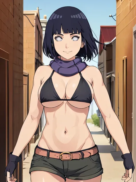 (hinata(boruto), (high quality, anime, heroine, gorgeous smile, slim body), ((black cotton bikini top)), ((fingerless gloves, black shorts with belt, black scarf)), (looking at the camera, curvy body, (very slim belly), extremely slim waist, off-shoulders,...