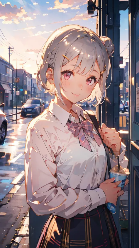 Silver short hair and bob hair、I tied my hair in a bun with a hair clip...、Pink Eyes、white blouse shirt、Tartan Check Skirt、smile、Upper body close-up、Sharp contours、Cafe Terrace、Golden Hour Sky、Background blur、The depth of the drawn boundaries