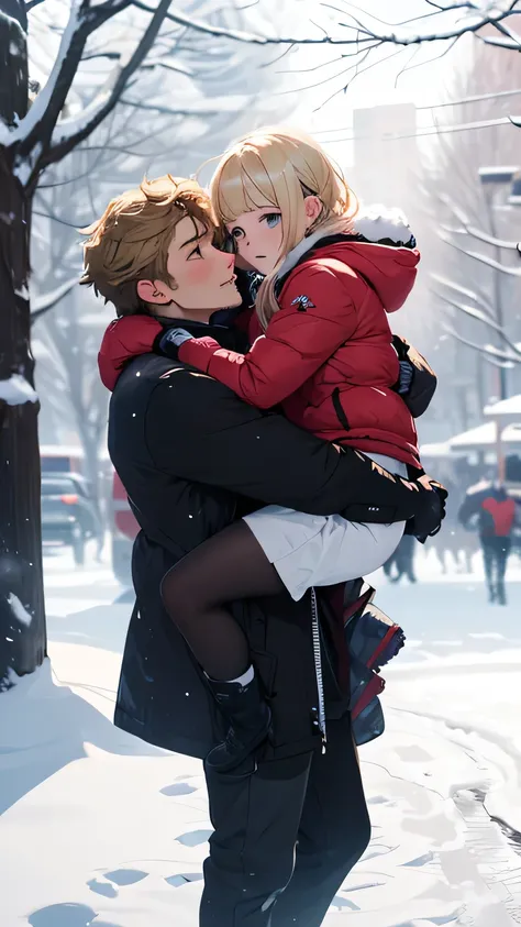 (best quality, 8K), highly detailed image, detailed eyes, detailed lips, masterpiece, epic quality, snow park, swirling snowflakes, beautiful winter, the guy lifted the girl above him, the girl is embarrassed that she was lifted, the girl is happy, the gir...