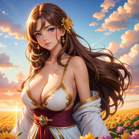 Best quality, 30 year old woman, massive breasts, brown long  hair, blue eyes, skimpy robes, sunset, upper body, sexy, angelic, golden glow, opulent, luxurious, god rays, fluffy clouds, colourful flower field,