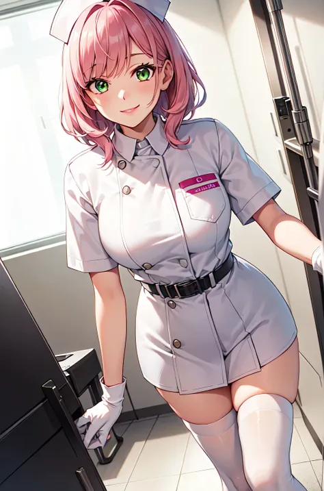 1woman, solo, nurse, white nurse cap, white nurse uniform, ((white legwear, zettai ryouiki)), white gloves, pink hair, green eyes, drooping eyes, pink lips, smile, standing, ((hospital room)), sharp outline, short sleeves, mature female, 32 years old, best...