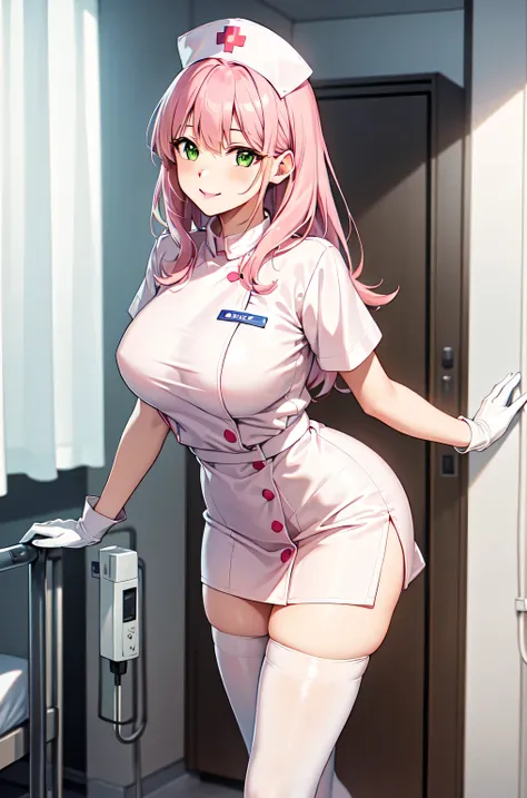 1woman, solo, nurse, white nurse cap, white nurse uniform, ((white legwear, zettai ryouiki)), white gloves, pink hair, green eyes, drooping eyes, pink lips, smile, standing, ((hospital room)), sharp outline, short sleeves, mature female, 32 years old, best...