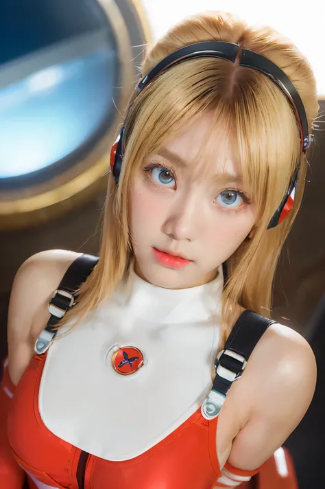 (Overhead view),dynamic angle,ultra-detailed, illustration, close-up, straight on, 1girl, 
 ((souryuu asuka langley, interface headset, red bodysuit:1.4, blonde)),Her eyes shone like dreamy stars,(glowing eyes:1.233),(beautiful and detailed eyes:1.1),(expr...