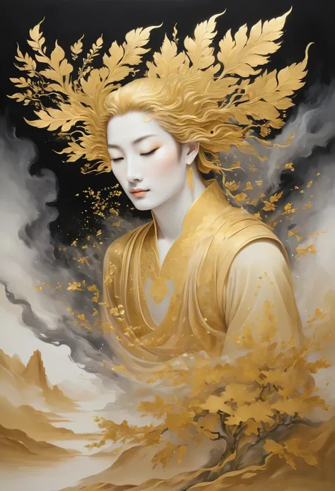 (gold leaf art:1.5)，A black and gold-rimmed giant hand fell from the sky, face of a handsome young male, Dunhuang murals as background, minimalist, line art, From front and center to ghostly smoke, Transition from entity to ghost, Smart, powerful and calm,...