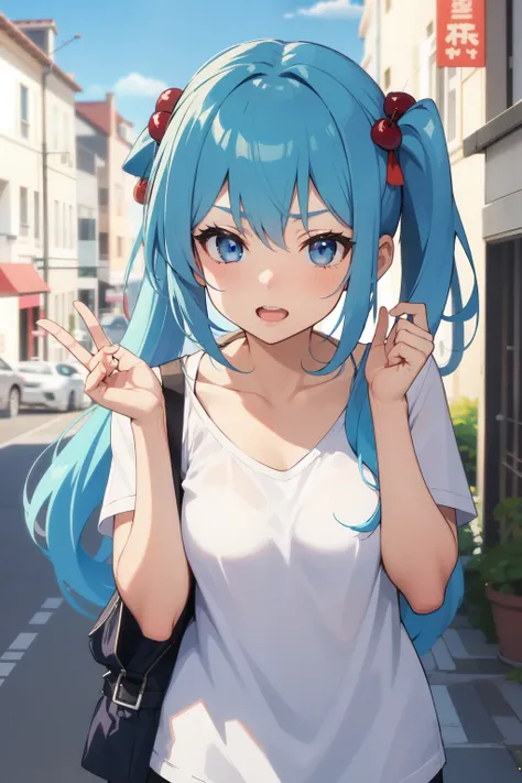 character Nijimi Anazawa
anime style
two ponytails with elastic bands in the shape of cherries red 
pale blue hair
cute 
blue eyes
blue eyelashes
square bangs