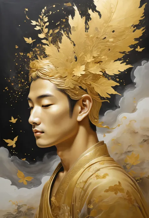 (gold leaf art:1.5)，A black and gold-rimmed giant hand fell from the sky, face of a handsome young male, Dunhuang murals as background, minimalist, line art, From front and center to ghostly smoke, Transition from entity to ghost, Smart, powerful and calm,...