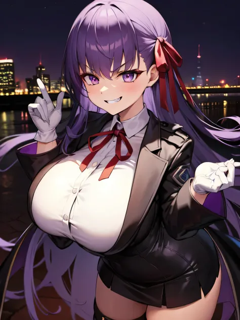  isometric, mid shot,  night, ,,, purple hair, black jacket, white shirt, black skirt, red ribbon, big breasts, purple eyes, white gloves, long hair, big collar, evil smile,smirk,thighhigh boots,