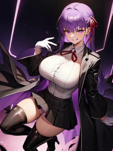  isometric, mid shot,  night, ,,, purple hair, black jacket, white shirt, black skirt, red ribbon, big breasts, purple eyes, white gloves, long hair, big collar, evil smile,smirk,thighhigh boots,