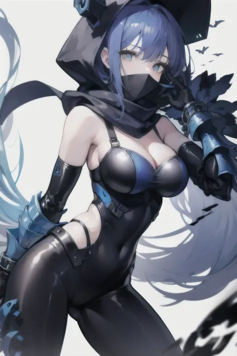 Her equipment consisted of a dark blue and regular blue fancy-looking cloth armour that had a black coloured design on them. She had a large hood that covered most of her face, under it was a scarf that covered a portion of her showing cleavage and exposed...