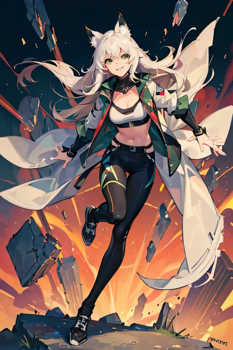 (Masterpiece: 1.5), (Best Quality: 1.5), (Perfect Face), 1 Woman, Fox ears, Fox tail, White Hair, Green Eyes, White Sport bra, black tight leader pants, black leader jacket, mean grin, full body,