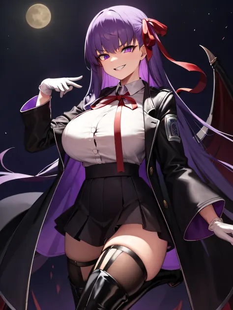 isometric, mid shot,  night, ,,, purple hair, black jacket, white shirt, black skirt, red ribbon, big breasts, purple eyes, whit...