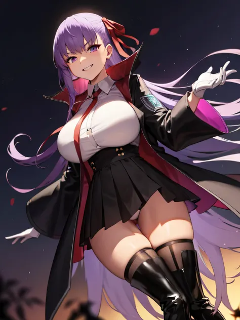  isometric, mid shot,  night, ,,, purple hair, black jacket, white shirt, black skirt, red ribbon, big breasts, purple eyes, white gloves, long hair, big collar, evil smile,smirk,thighhigh boots,