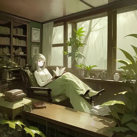 highest quality,perfection３is ,High resolution,Rain outside the window,a hot cup of coffee,Wooden desk,Comfortable sofa,Natural scenery,,Elaborate depiction，nostalgic，pale colour，Girl reading a book、Foliage plant、Bookshelf、cushion