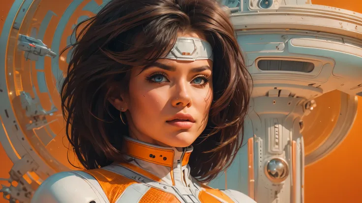 arafed image of a white woman in a futuristic suit with a spaceship in the background, movie art, in front of an orange background, inspired by Robert McGinnis, female protagonist, megastructure in the background, portrait of an ai astronaut, astronauts, a...