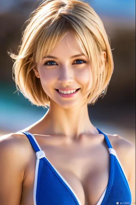 8k,Busty American woman playing on the beach,so beautiful(Like the real thing),Adult female,Blonde short bob,sexyな水着,ponytail,smile,masterpiece,Photorealistic RAW photos of the highest quality。Bright colors,Rich colors, Backlight, Cinema Lighting, Film Gra...