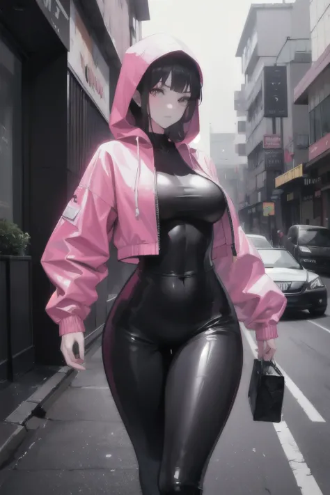 hips. She wears a closed black leather jumpsuit, whose shiny surface accentuates her shape. A windbreaker with a hood and a neon pink interior covers your shoulders. Walking down a busy street, she attracts glances from onlookers. This image exudes realism...