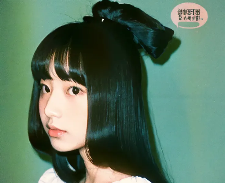 color unsharp masking quality. (A young Japanese woman as extreme small head as match). Her head-size is in ultimate contraction. thick outline. blurry photo. color slide film. 1958.