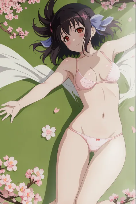 [[anime styled]],[[digitalart]],NSFW,1girl in,park,lawn,(many cherry blossoms),Cherry blossoms are in full bloom,Cherry blossom petals dance and are scattered,(spread a sheet),(lying on the  sheet),windy,Tomomi_Xijing,red eyes,black hair,hair ribbon, Short...