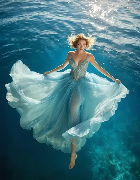 On sunny days, (a charming woman wearing a full evening gown floating in the blue seawater), high angle shots, Shaws style, Zena Holloways style