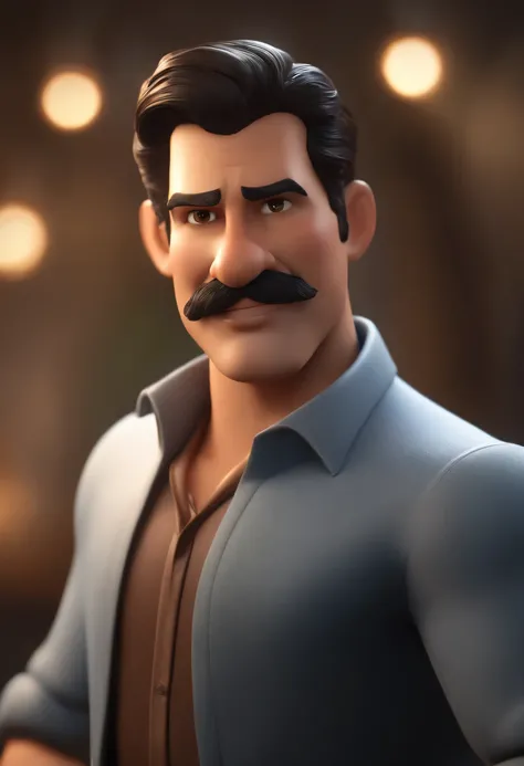 Personaje de dibujos animados de un hombre con bigote negro, sin barba y camisa azul, animation character, personaje estilizado, animation style rendering, 3D estilizado, Arnold Maya renderizado, Render 3D estilizado, Toon render keyshot, Personaje 3D, Per...