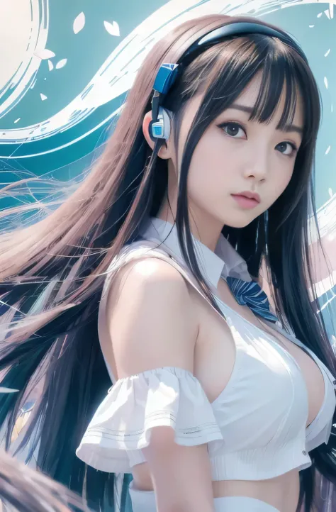 ((RAW Image Quality:1.4)), Girl with long hair and blue eyes in front of a colorful background, uniform, Thin white unbuttoned blouse, light blue bra, Big Breasts, Hair blowing in the wind, Cute girl visuals, Moe art style, Smooth art photography, Hololive...