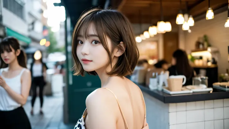 super high quality, Short Hair, Slender, Gravure photoshoot, The staff is working at the counter in the back., (8k、RAW Photos、highest quality、masterpiece:1.2), Japanese Idol, Shaggy, Sportswear, Stylish café, (Realistic、Photorealistic:1.37), Mesh Hair, Nor...