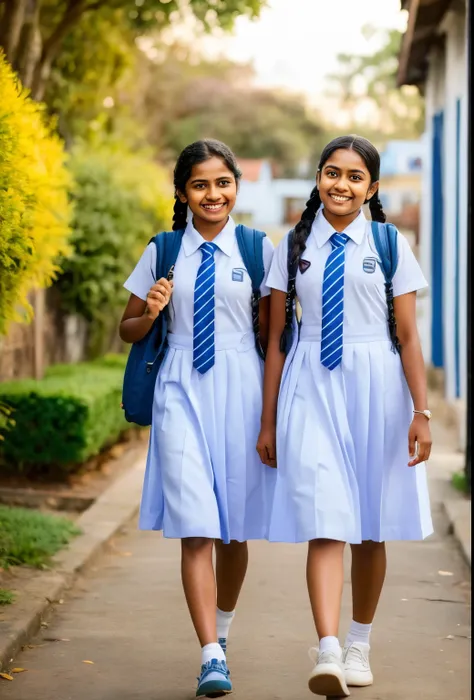 raw photo, two beautiful sri lankan teen schoolgirls, with plaited hair, both coming towards the camera in a school walkway in a...