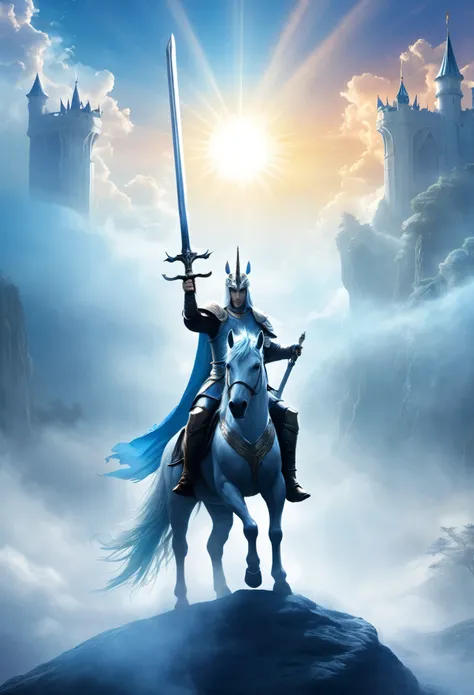 in the center, 1king hold a big sword by 2hands, backgroud is fog and sun, an unicorn is flying behind ,all of this is in blue and silent atmosphere
