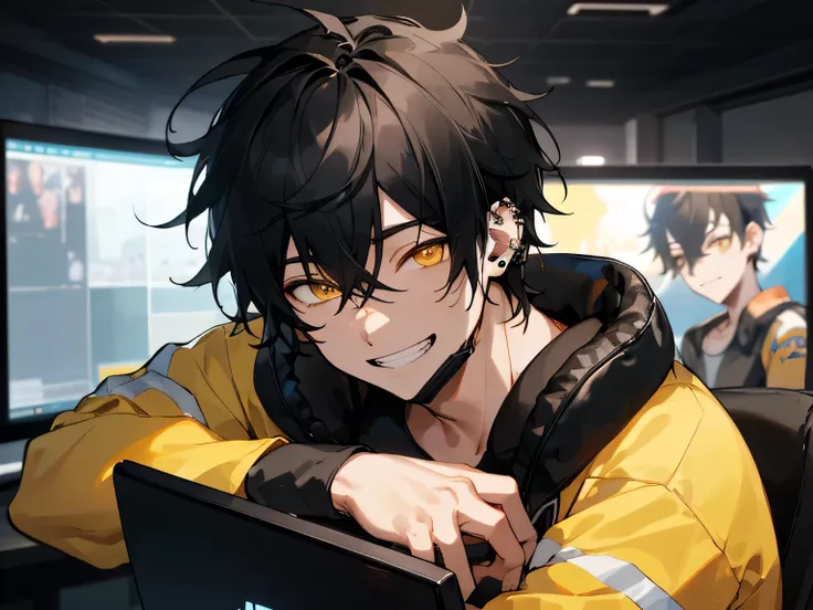 highest quality: 1.0), (Ultra-high resolution: 1.0), male,Upper Body, Face close-up,one person,Grin, Mashed black hair、Headphones on neck, Ear piercing,Yellow Eyes, Remove the black mask,sit in front of the computer and play games, E-sports room background...