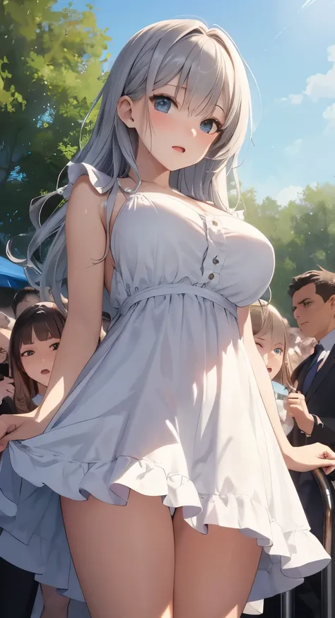 Big Breasts:1.5、、highest quality、Very detailed、Highly realistic eye masterpiece、highest quality、Very detailed、Gray Hair、Perfect Face、Long Hair、White Dress、Sundress、anime、countryside、clear、thin、From below、Frills、Pussy、真From below、Love Juice、Big Breasts、crow...