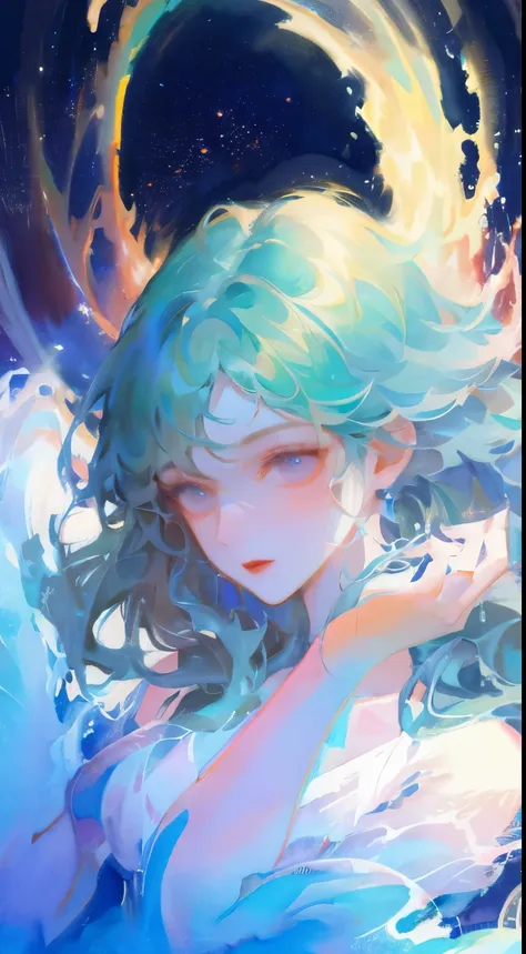 1 girl, female water spirit, watercolor hair, there is spring water inside, put a few drops of water on your skin,