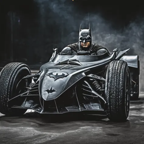 Batman on batmobile with black dusty background hdr cinematic quality