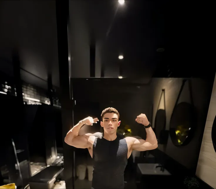 there is a man standing in a bathroom with his arms up, showing your muscles, showing biceps, jovem forte, flexing big muscles, showing strong muscles, posando e flexionando, forte e musculoso, super forte e legal, taken with sony a7r camera, forte e alto,...