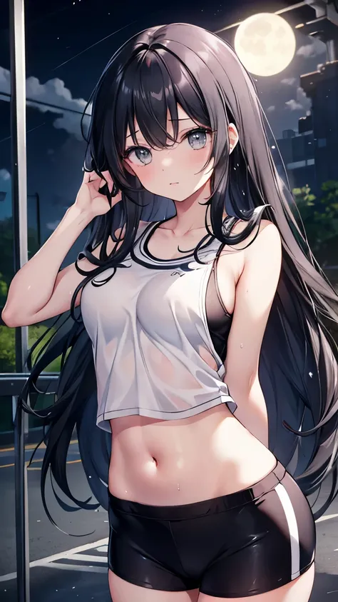 ,girl,Best image quality,,Black Hair,,Grey Eyes,,White skin,Long Hair,Straight Hair,classroom,Moonlit Night,Wet with sweat,Sportswear,Navel sticking out,Shoulder